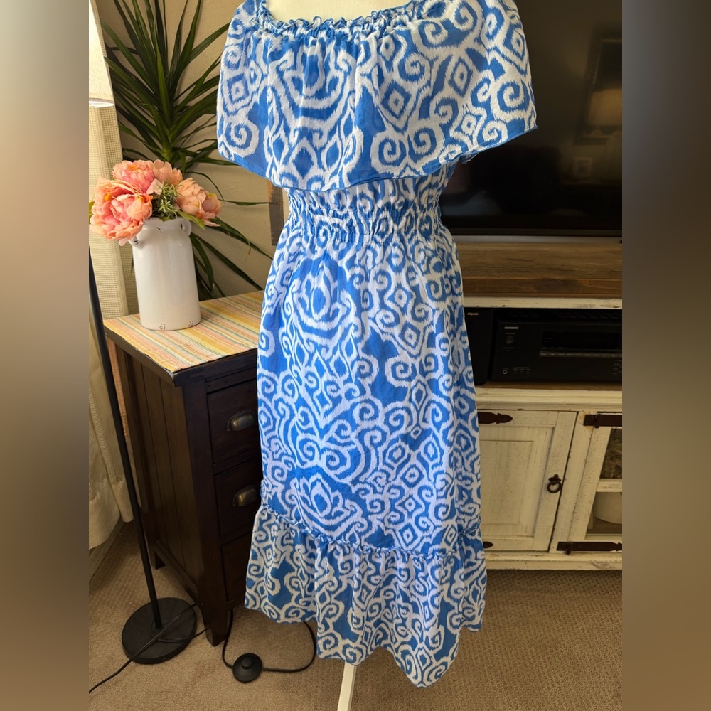 Tommy Bahama Blue and White Off-Shoulder Maxi Dress